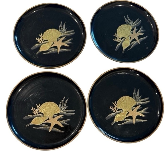 Vintage set of 4 OTAGIRI Japan lacquerware coasters and case Gold Sea Shells - Picture 1 of 5